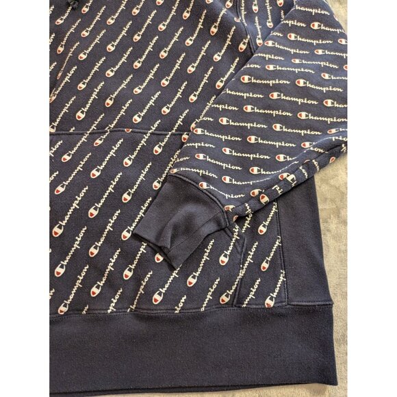Champion Reverse Weave Hoodie Men Medium Navy Sweater All Over Print Sweatshirt - Picture 3 of 8